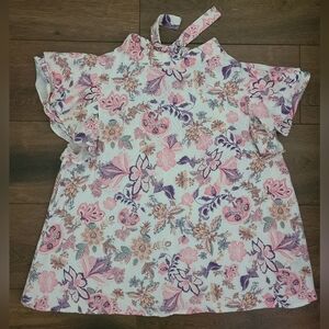 Who What Wear Linen Blend Floral Flutter Sleeve top Size L